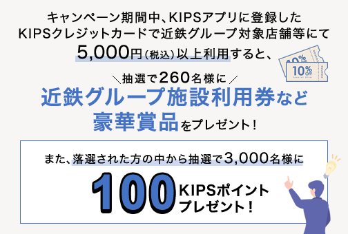 キャンペーン期間中、KIPSアプリに登録したKIPSクレジットカードで近鉄グループ対象店舗にて5,000円（税込）以上利用すると、抽選で近鉄グループ等の施設利用券（近鉄グループホテル宿泊券など豪華賞品等）をプレゼント！